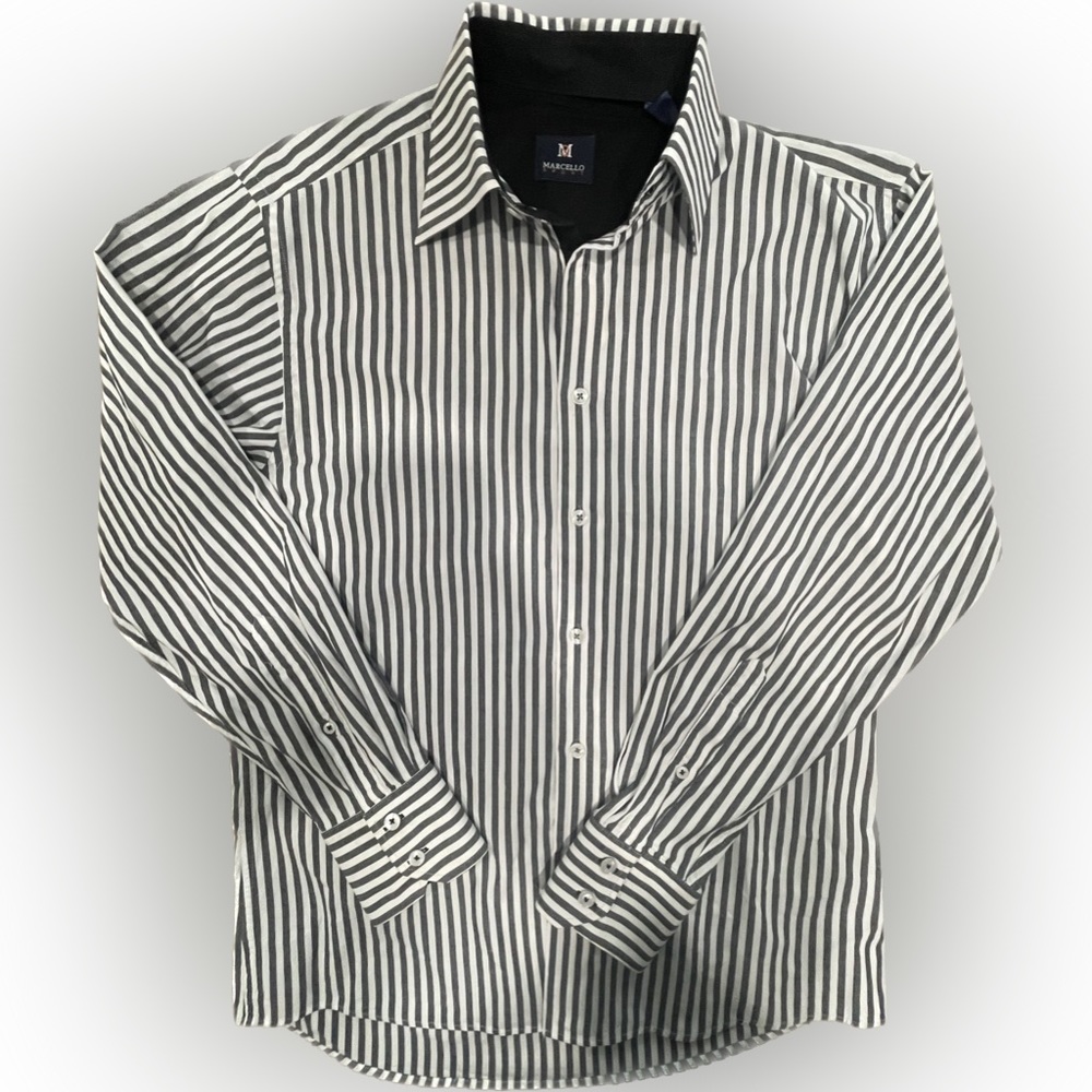 Marcello Sport Performance White & Grey Striped Dress Shirt Small
